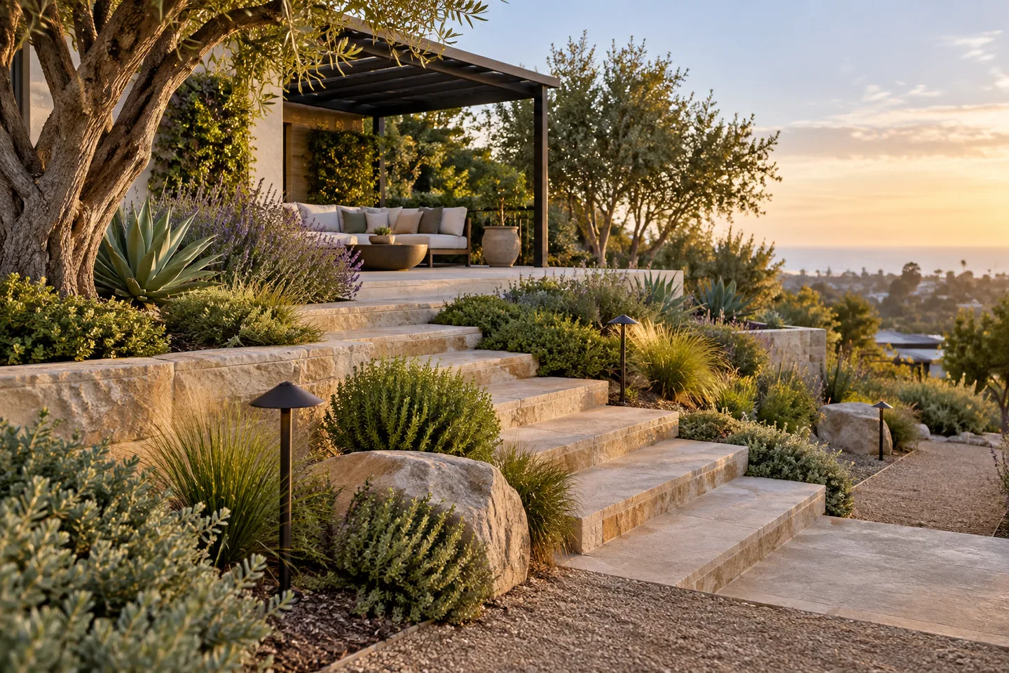 Drought-conscious garden, stone path, lighting, and shaded seating