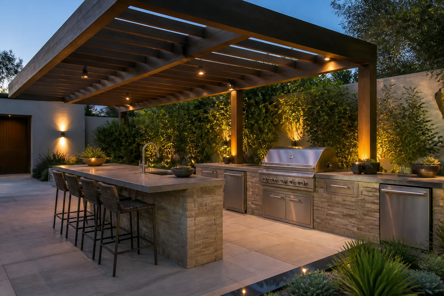 Illustrative pergola and outdoor kitchen concept