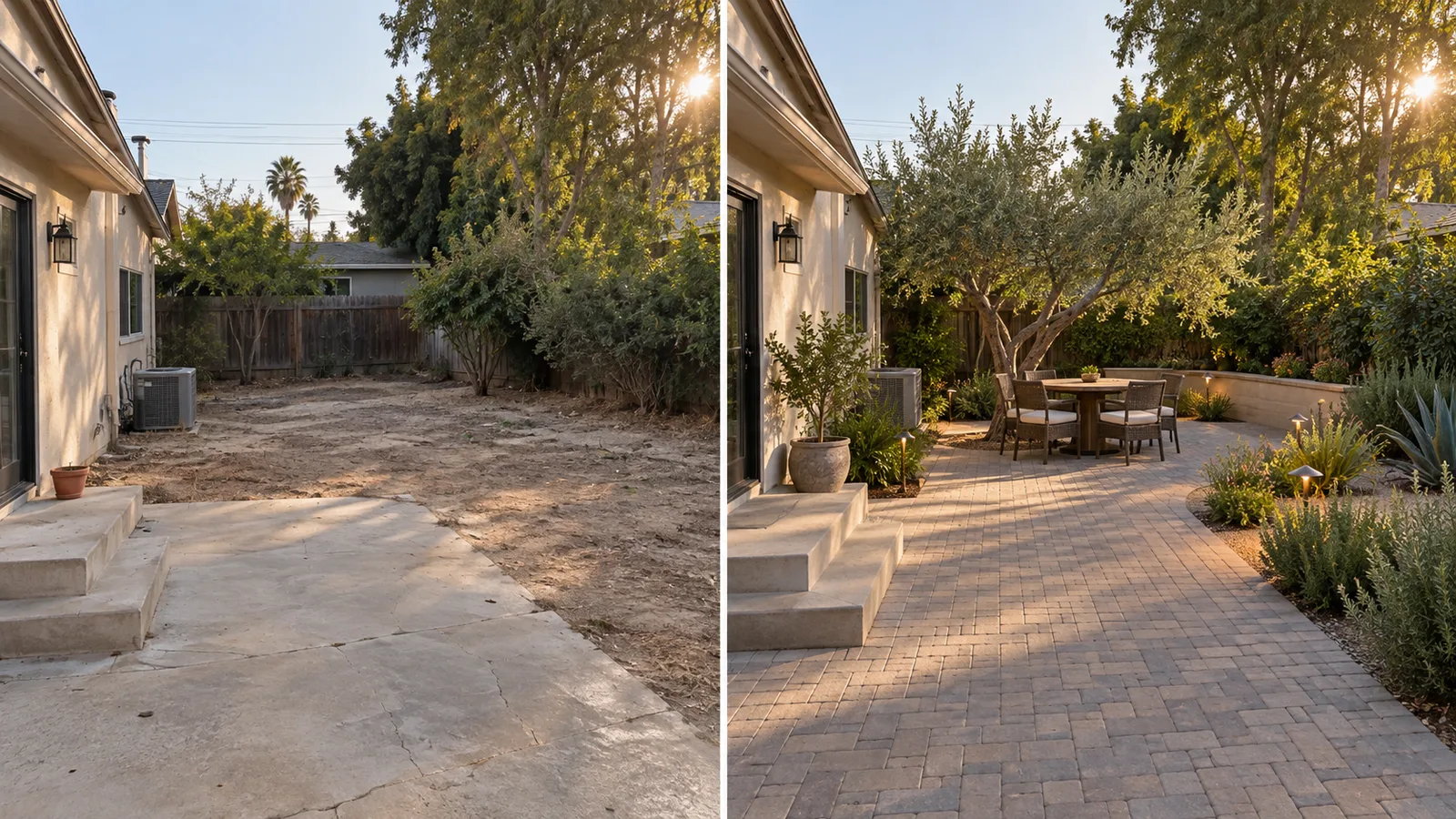 Illustrative before and after comparison of the same backyard transformed with pavers, planting, lighting, and seating