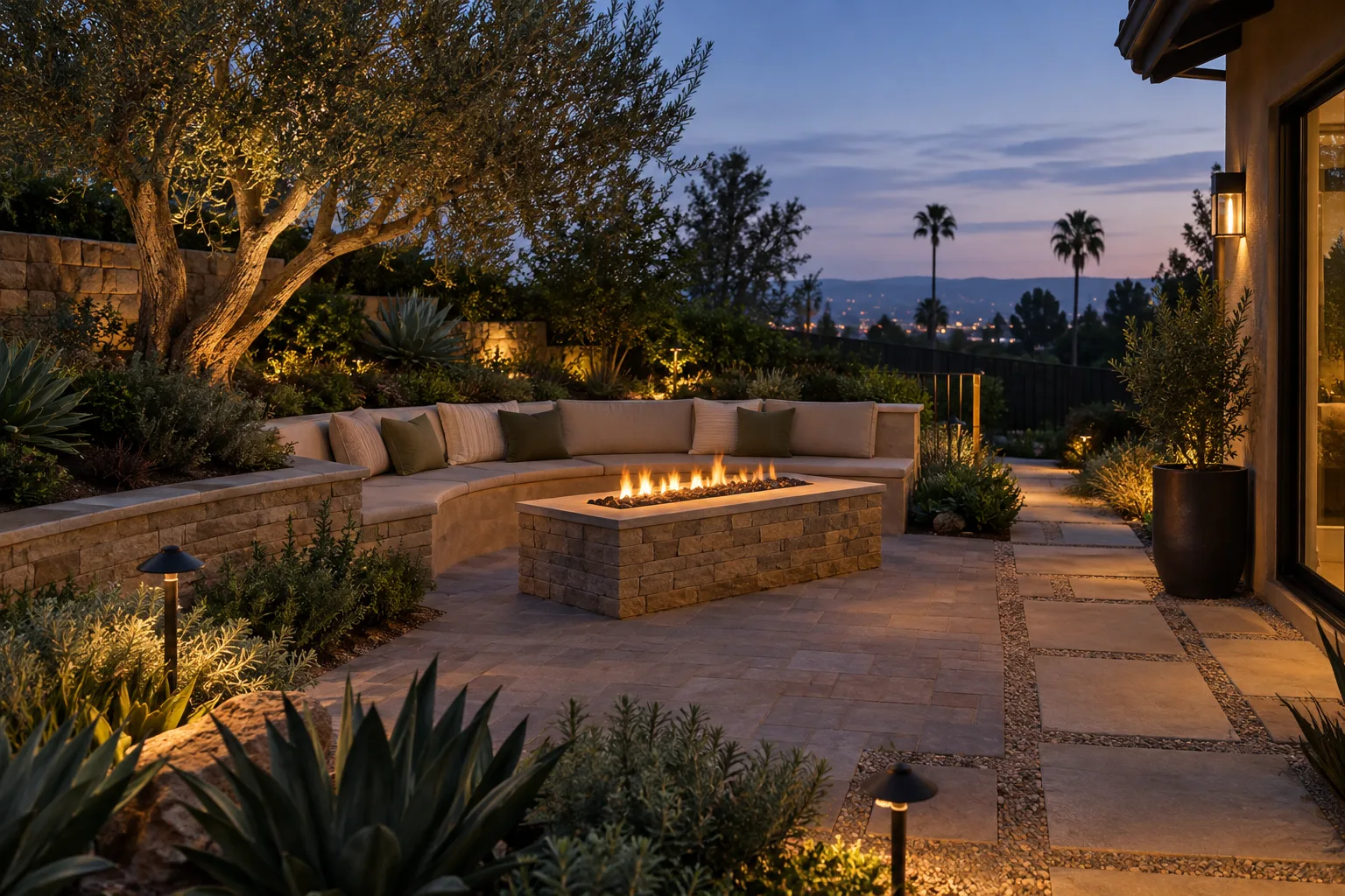 Illustrative patio with an integrated gas fire feature and landscape lighting