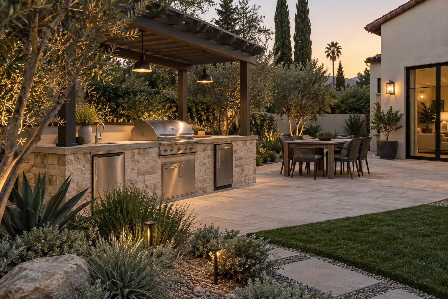 Illustrative outdoor kitchen integrated with a pergola, patio, and planting
